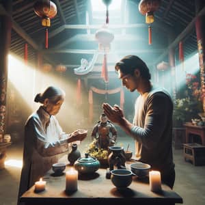 Vietnamese Elderly Woman and Man in Prayer Ritual | Blessings Photo