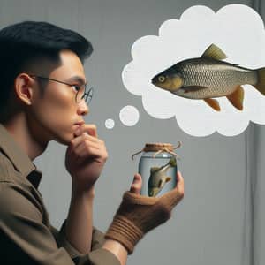 Vietnamese Man Contemplating a Scenario: Fish Set Free But Caught