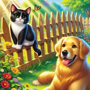 Charming Scene of Tuxedo Cat and Golden Retriever in Serene Setting