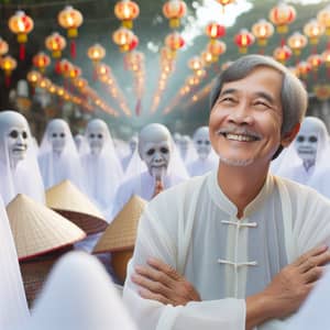 Vietnamese Man Smiling Serenely in an Asian Ghostly Setting