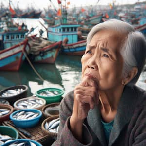 Elderly Vietnamese Woman Contemplating at Harbor | Freeing Live Fish