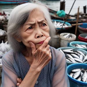 Vietnamese Elder Woman Contemplates Buying Fish for Life Release Ceremony