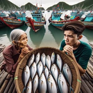 Vietnamese Woman and Young Man Contemplating Fish Release