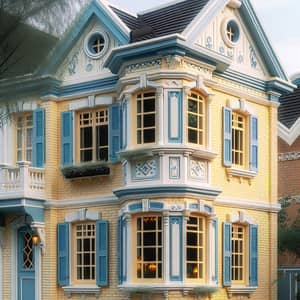 Charming Soft Yellow Brick House with Blue Trim