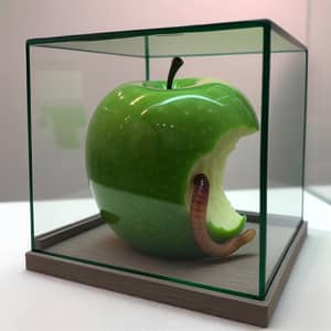 Glossy Green Apple in Glass Cage with Worm - Fresh Fruits