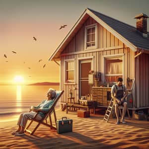 Tranquil Summer Day: Elderly Woman Sunbathing, Man Repairing House by the Sea