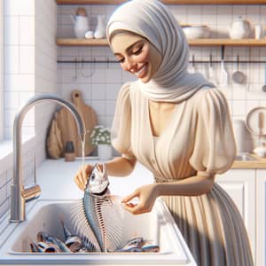 Graceful Middle-Eastern Woman Holding Fish Skeleton in Modern Kitchen