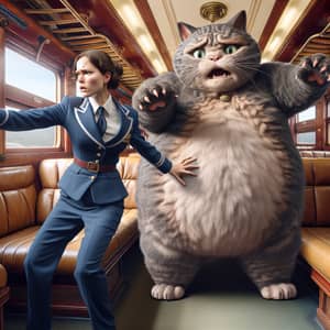 Female Conductor Removing Overweight Anthropomorphic Cat from Train Carriage