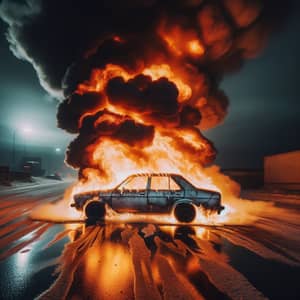 Deserted Car Engulfed in Flames: Dramatic Scene at Night