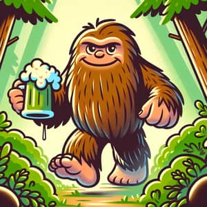 Cartoon Sasquatch Enjoying Beer in Relaxing Forest