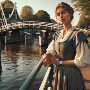 Dutch Woman by Bridge: Traditional Elegance and Classic Views