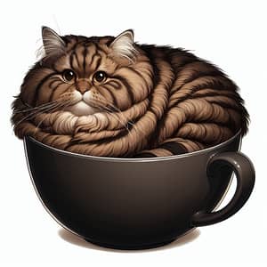 Fluffy Cat Relaxing in Cup - Cozy Feline Image