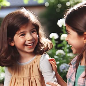 Cheerful Hispanic Girls Playing in Blooming Garden