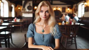 Blonde Beauty in a Blue Dress at a Cozy Tavern