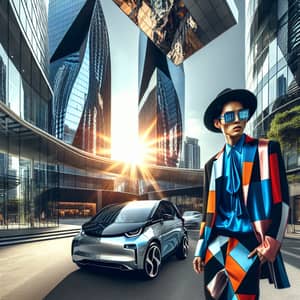 Bold Urban Style: Fashion-Forward Individual with Modern Electric Vehicle