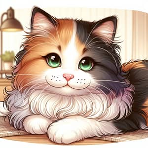 Adorable Fluffy Calico Cat Lounging Leisurely - Domestic Feline Illustration