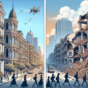 Cityscape Evolution: Idyllic Vs Post Earthquake Scenes