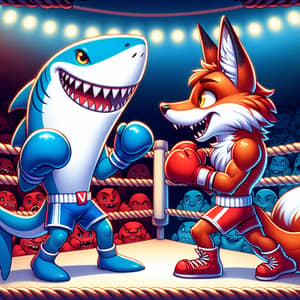 Cartoon Fox Vs Cartoon Shark Boxing Match in Traditional Ring