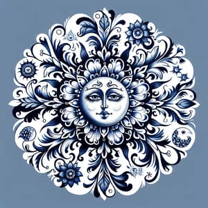 Melancholy Sun in Gzhel Style - Traditional Russian Folk Art