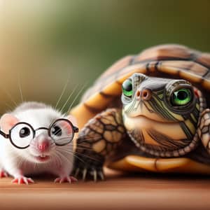 Cute Turtle in Glasses with Adorable Green-Eyed Rat