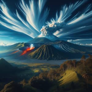 Active Volcano Landscape with Blue Sky