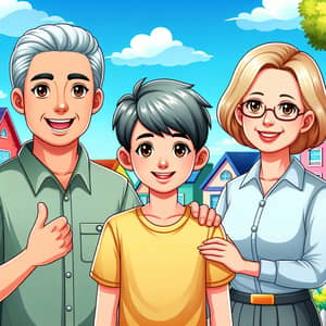 Cartoon of a Boy, His Mother and Their Friendly Neighbor