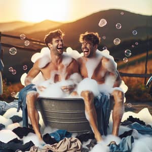 Caucasian Men Having Fun in a Large Basin | Laughter Amid Bubbles