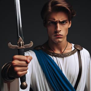 Angry Young Man in Ancient White and Blue Attire Holding Sword