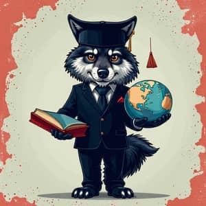 Elegant Wolf Mascot with Book and Globe | Graduation Theme