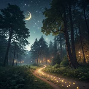 Magical Night Forest with Glowing Star Path