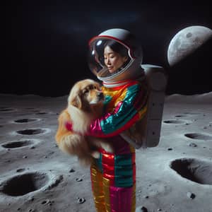 Asian Woman in Multicolored Spacesuit with Golden Retriever on the Moon