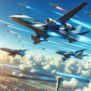 Futuristic Aircraft Designs in Aerial Cityscape