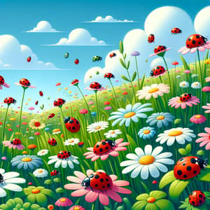 Vibrant Ladybugs and Flowers Landscape