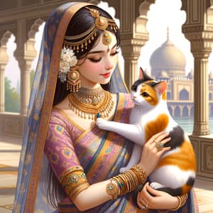 South Asian Princess with Domestic Cat | Warm Bond Illustration