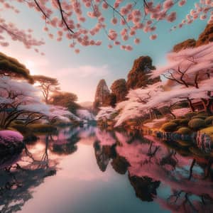 Tranquil Japanese Pond with Cherry Blossom Trees