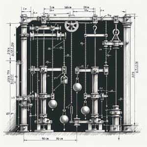 Mechanism Engineering Sketch with Vertical Axles and Weights