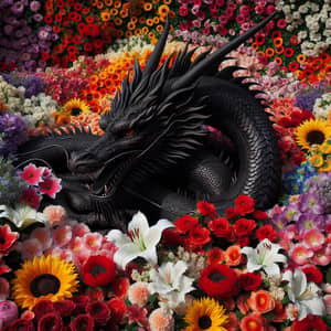 Majestic Black Dragon Among Vibrant Flowers