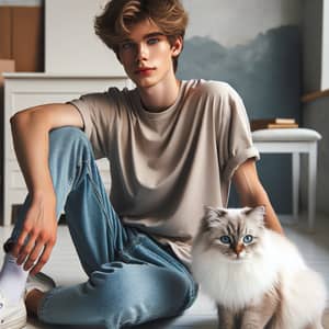 Caucasian Boy with Hazel Eyes and White Cat in Serene Setting