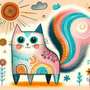 Whimsical Child's Artwork of a Charming Cat - Imaginative and Colorful