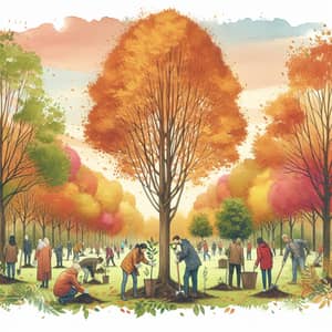 Community Tree Planting in Autumn Watercolor