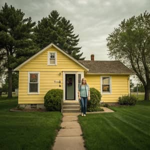 Woman Leaving a Yellow House - Captivating Scene