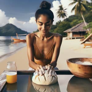 Hispanic Woman Kneading Bread in Bikini