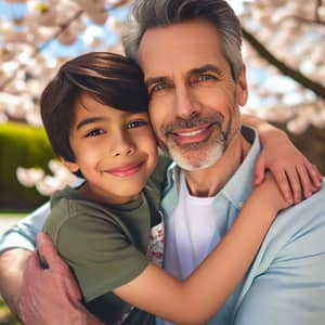 Heartwarming Embrace Between Middle-aged Man and Young Boy