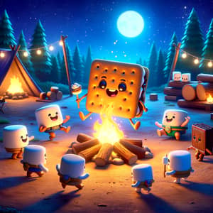 Whimsical Camping Scene with Adorable S'mores Characters