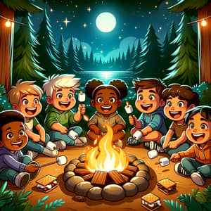 Summer Night Campfire Cartoon: Kids Enjoying S'mores & Laughter