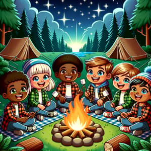 Diverse Children Camping Adventure: Excitement Under Starry Sky