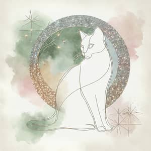 Contemporary Cat Art: Glittering Watercolor Cat in Light Green & Pink