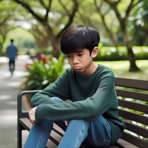 Sad South Asian Boy Sitting Alone on Park Bench