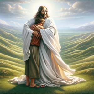 Jesus Christ Embracing a Person | Peaceful Landscape Artwork