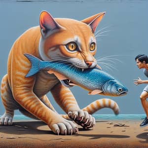 Exciting Outdoor Scene: Ginger Cat Biting Fish, Chased by Man